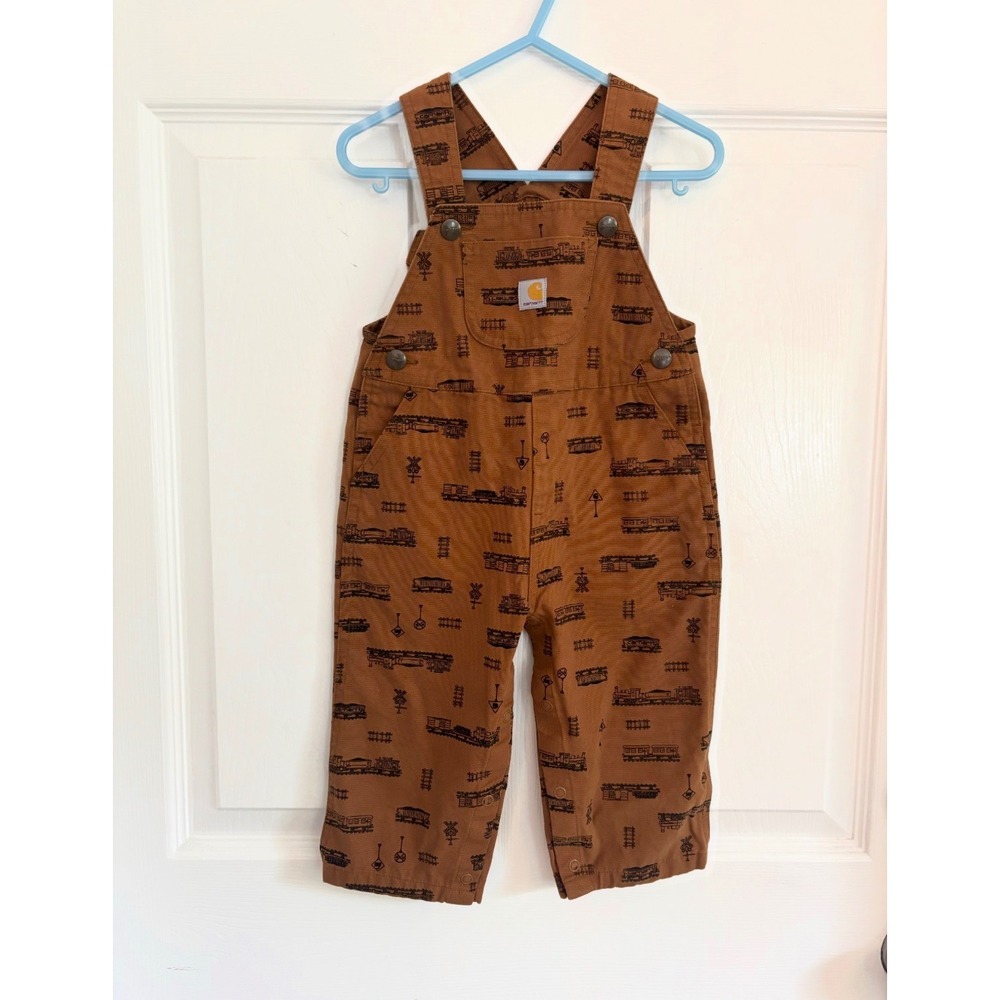 Carhartt Baby Boys 18M Brown‎ Canvas Train Print Bib Overalls SD8872-B
